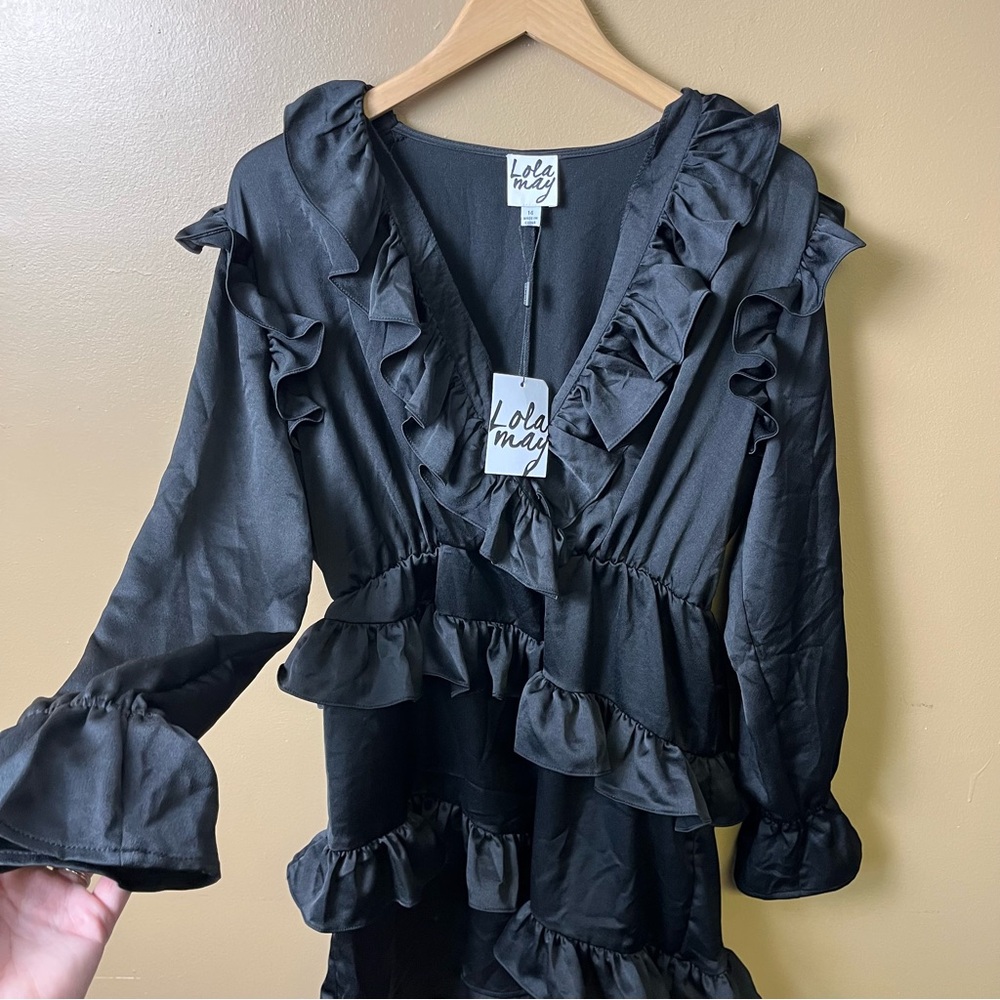 NEW asos Lola May Black Ruffle Front Mini Dress Women's 14